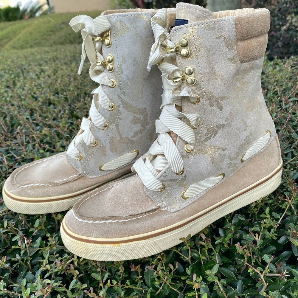 SPERRY TOPSIDER Women’s Gold Tan Camo Hi-top Ankle Boot Sneaker Size 6